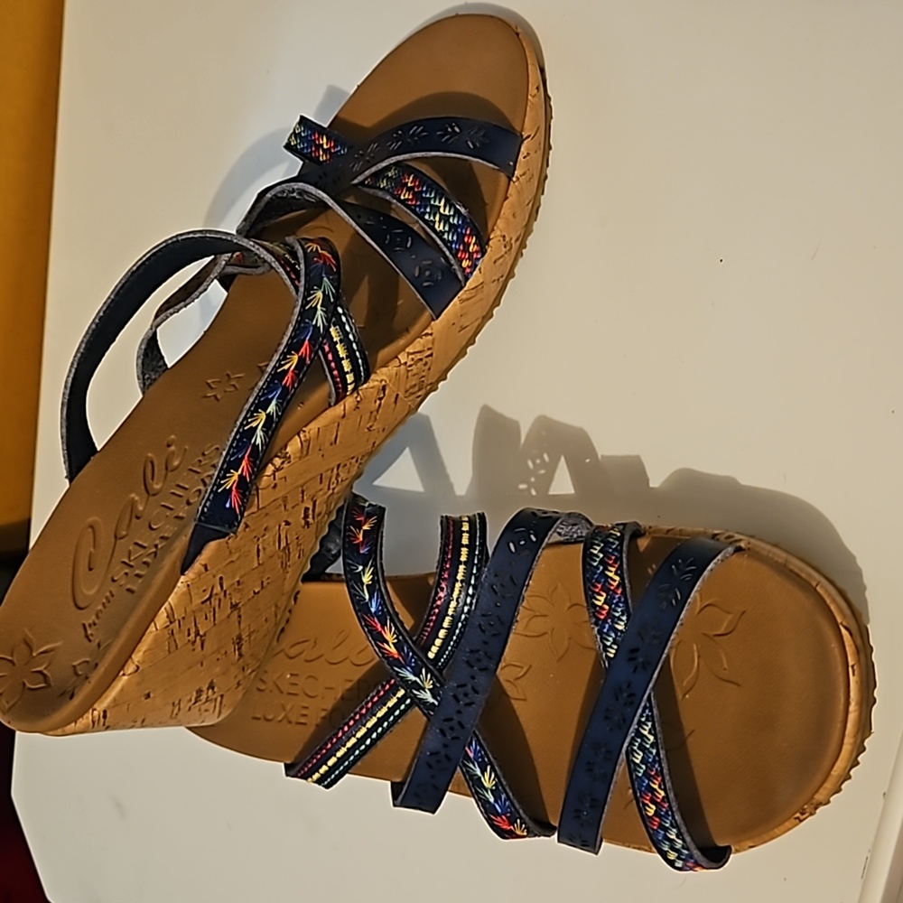 Skechers Navy Blue Wedge Sandals with Multicolor Embroidered Straps